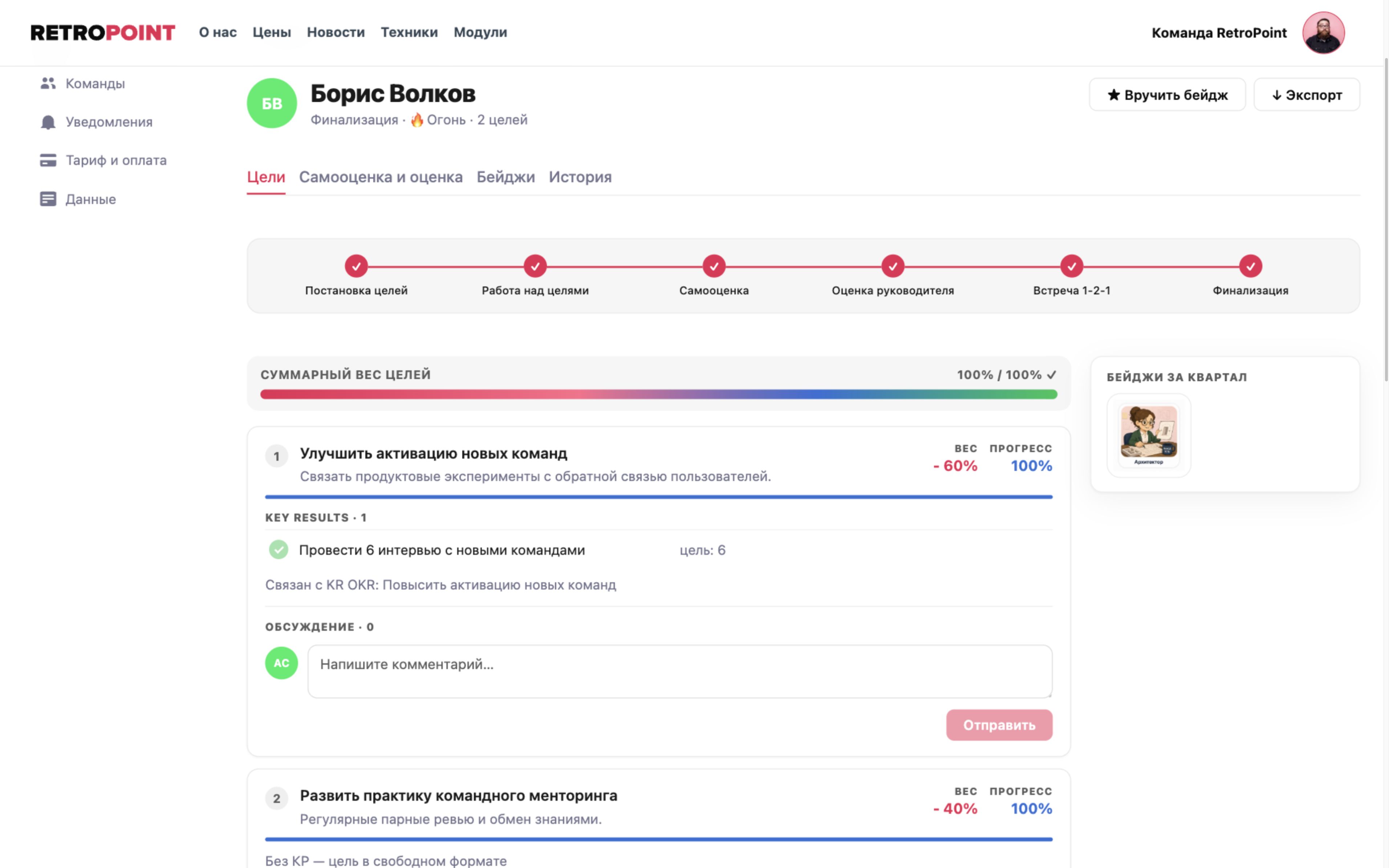 Завершенный Performance Review с целями, этапами и бейджем участника